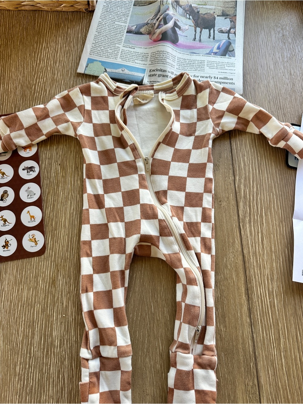 Kids Brown & Cream Checkered Footie One-Piece organic cotton